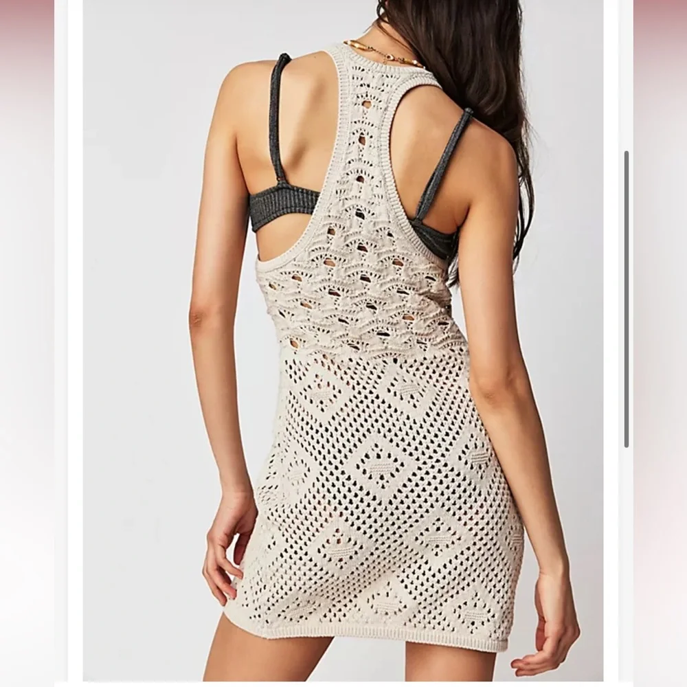 Free People FP Beach Beige Crochet Mini Dress Coverup - Picture 3 of 11